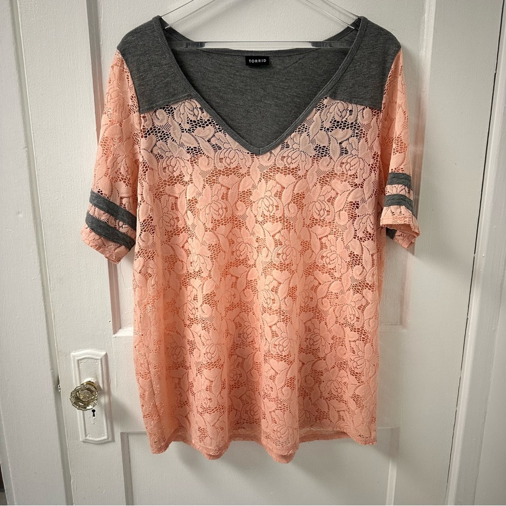 Torrid Peach lace V-neck Football Tee